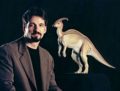 Paul Mejias and Parasaurolophus sculpture.